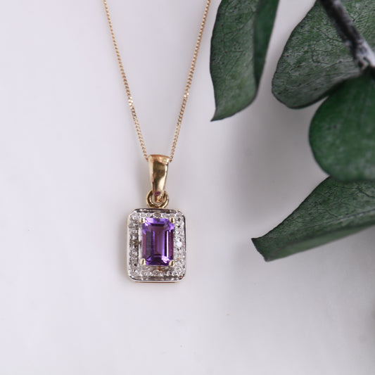 Amethyst and Diamond Halo Pendant 9ct Yellow Gold