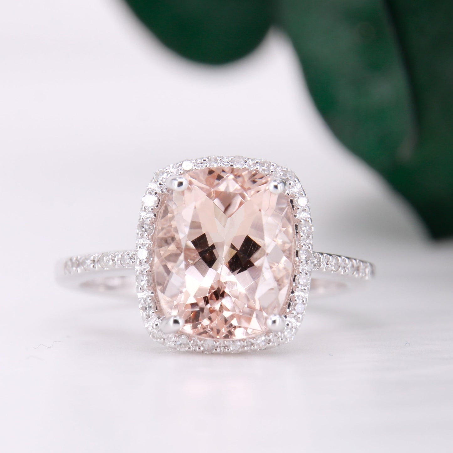 Morganite and Diamond Halo Ring