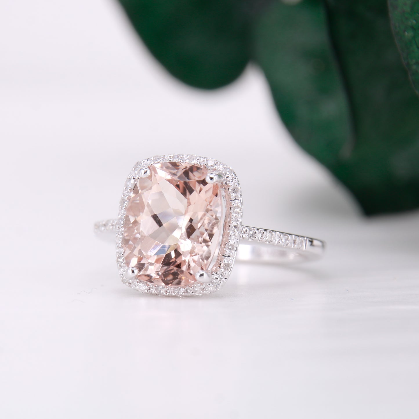 Morganite and Diamond Halo Ring