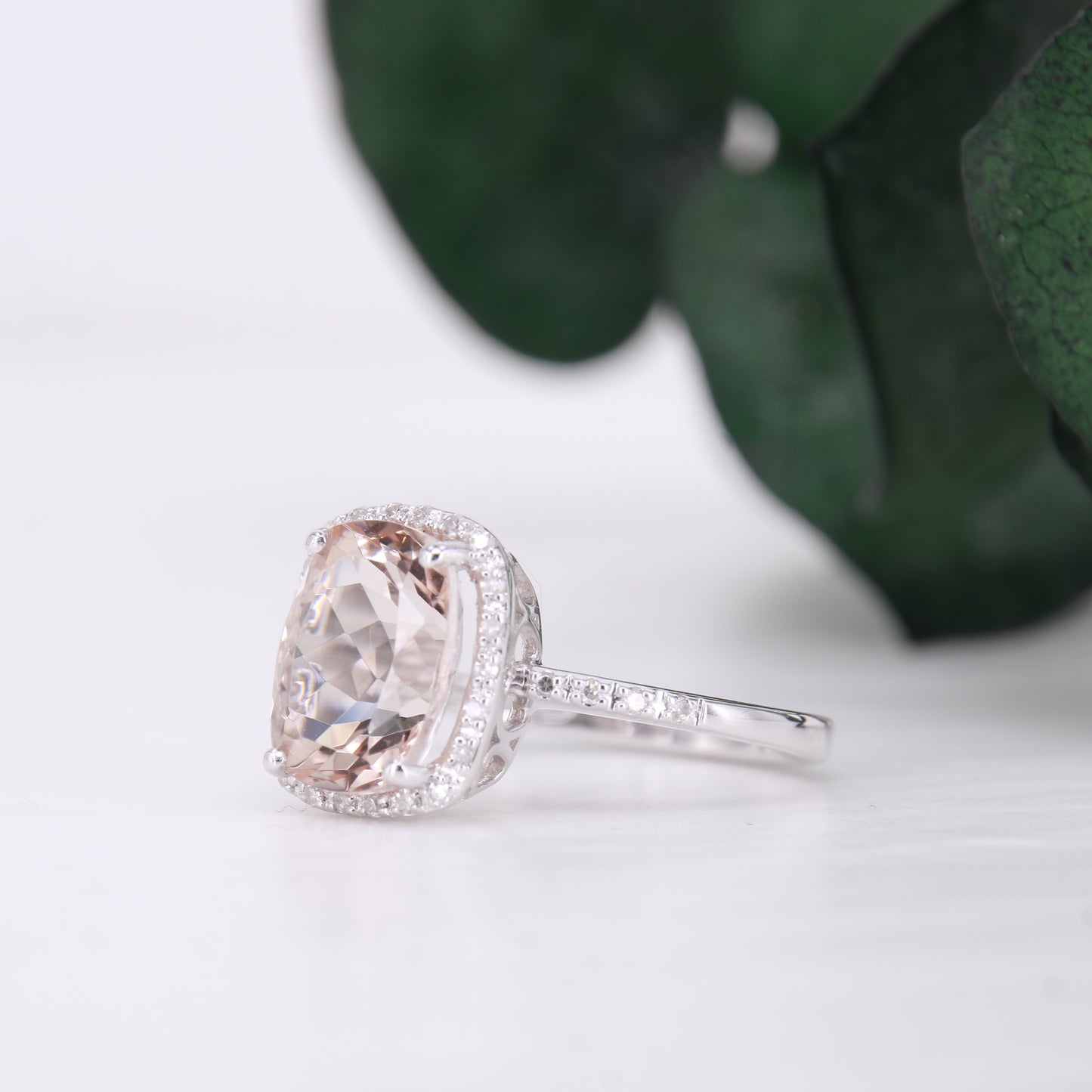 Morganite and Diamond Halo Ring