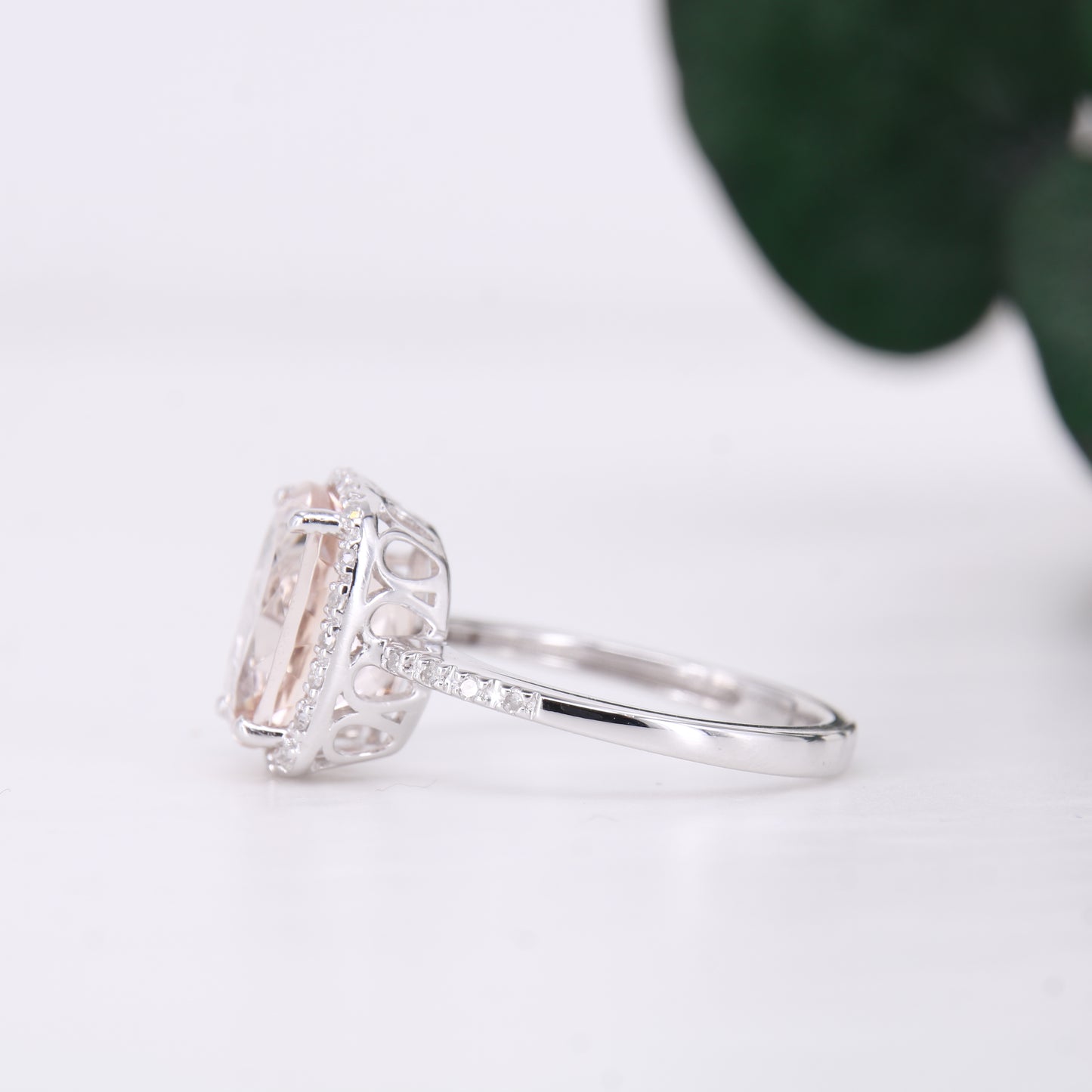 Morganite and Diamond Halo Ring