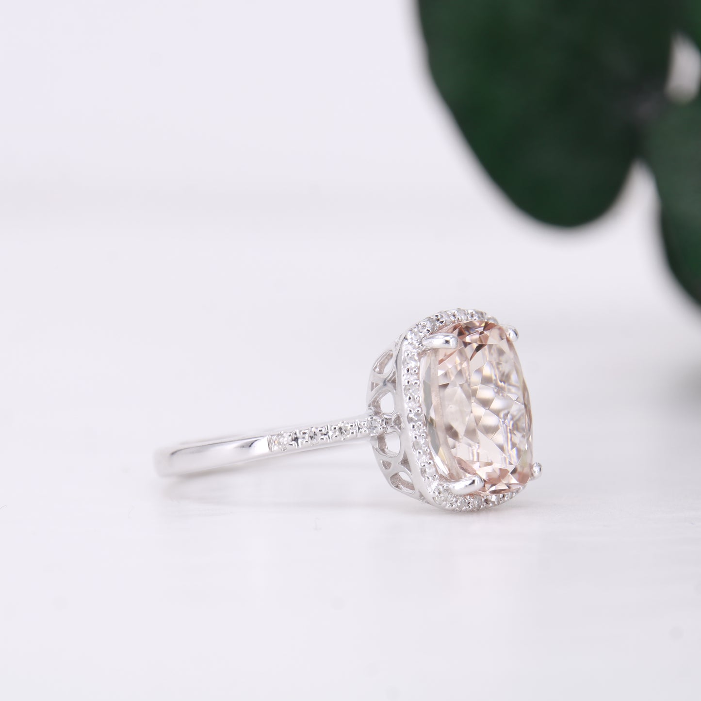 Morganite and Diamond Halo Ring