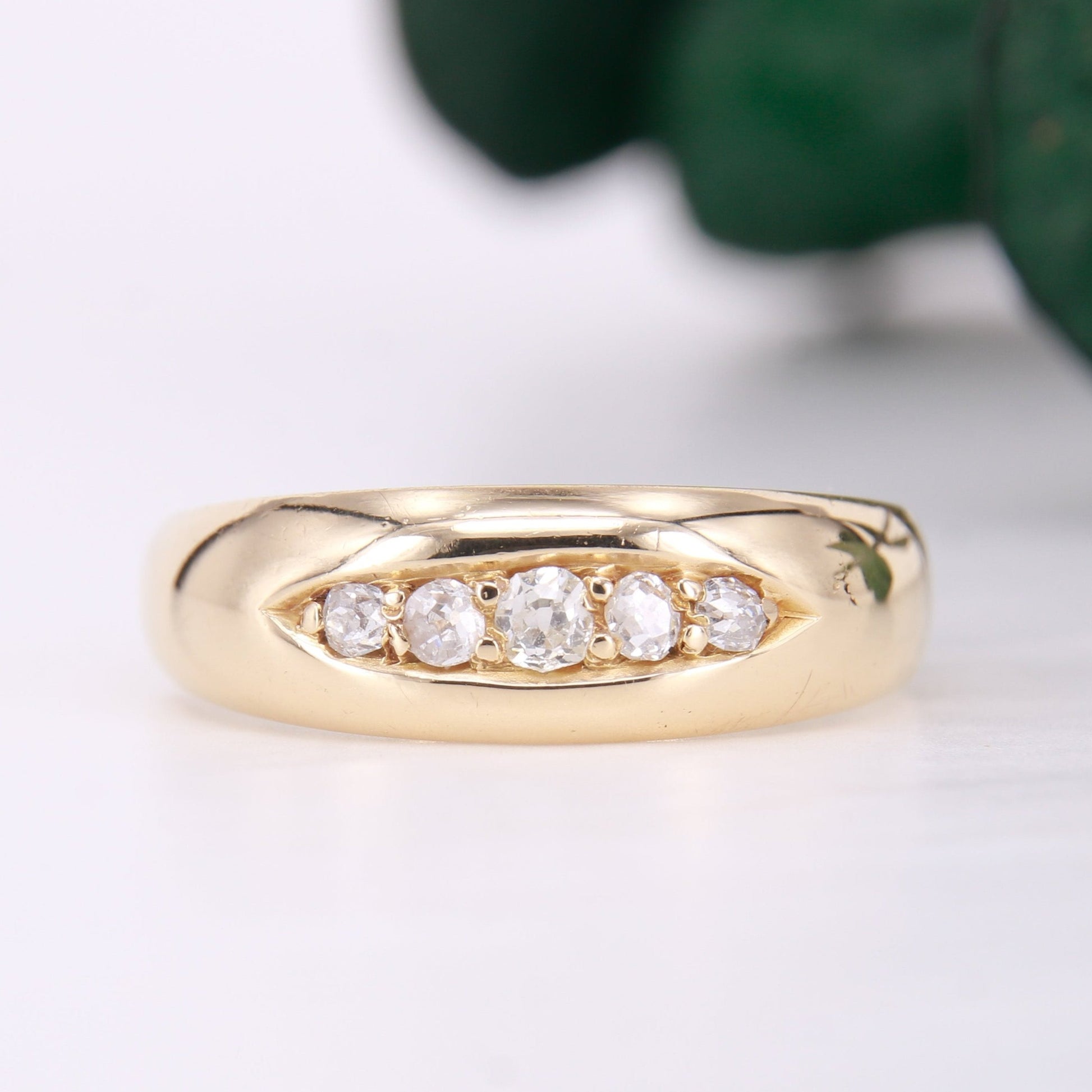 Vintage Diamond Gypsy Ring, 5 Old mine Cut Diamond Ring. 14ct second hand vintage diamond wedding band. Front image