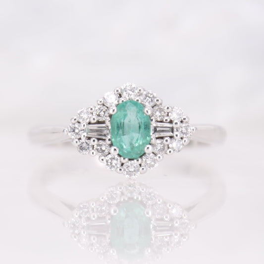 Pre owned emerald and diamond engagement ring 18ct white gold. 