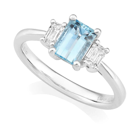 Aquamarine and Diamond Baguette Cut Trilogy Ring