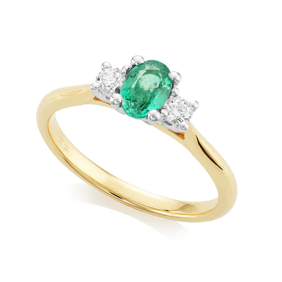18ct Yellow Gold Emerald and Diamond Trilogy Ring Oval Cut Emerald Engagement Ring 