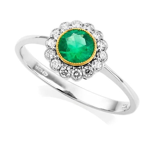 Platinum Emerald and Diamond Engagement Ring, round emerald with diamond halo ring. 