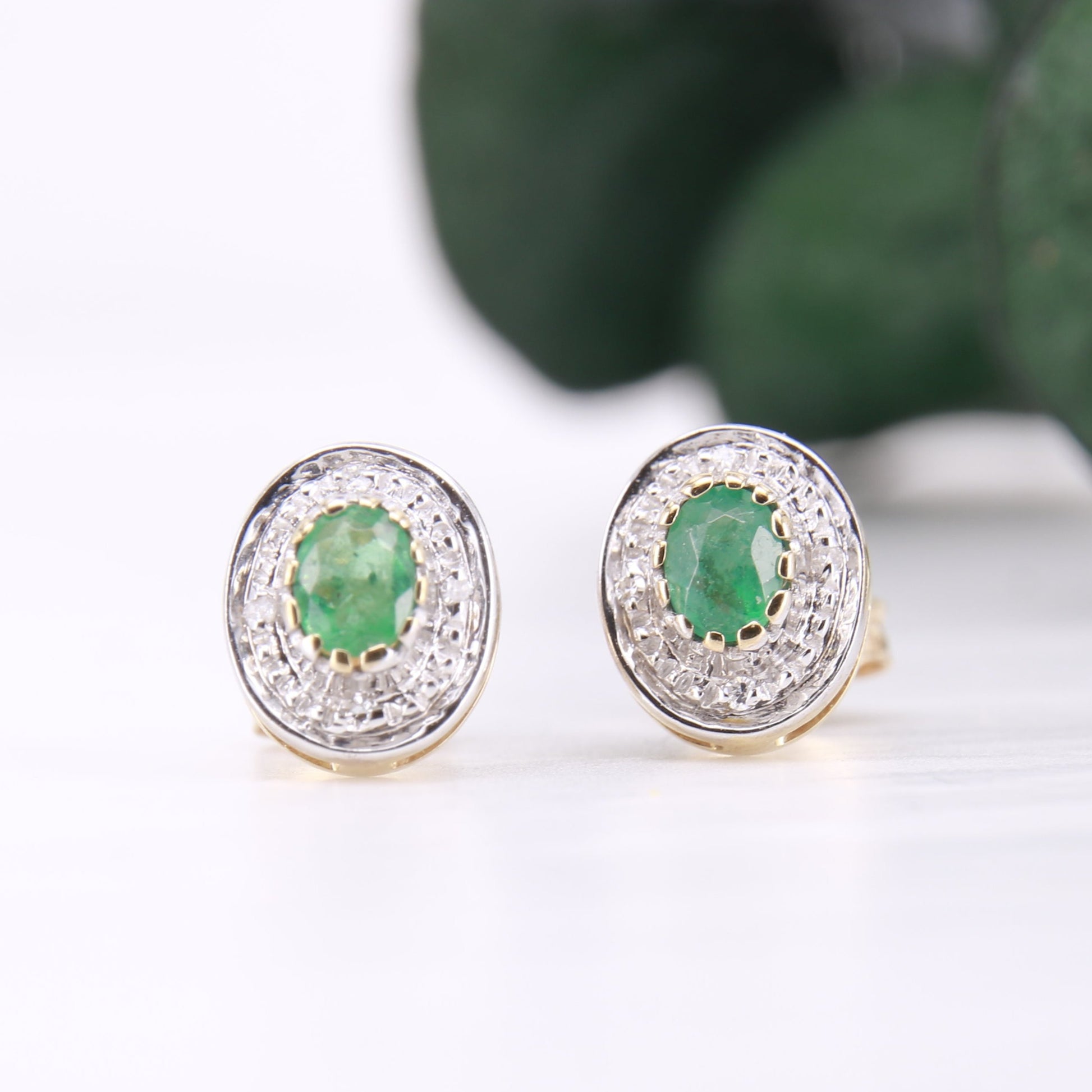 Emerald and Diamond Halo Stud Earrings 9ct Yellow Gold