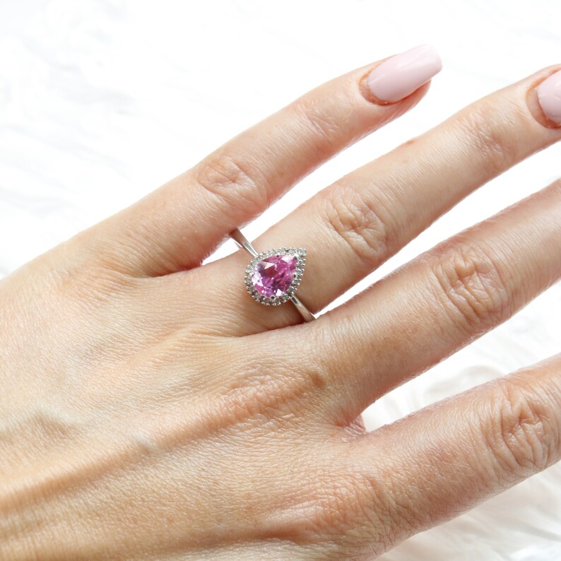 9ct White Gold Pear Cut Pink Topaz and Diamond Ring